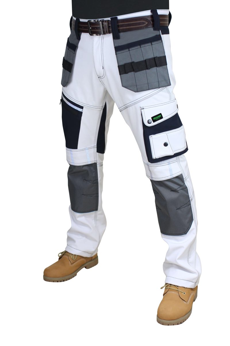 Mens Soft Shell White Painter Decorators Trousers Water Resistant Wind Proof Work Trousers