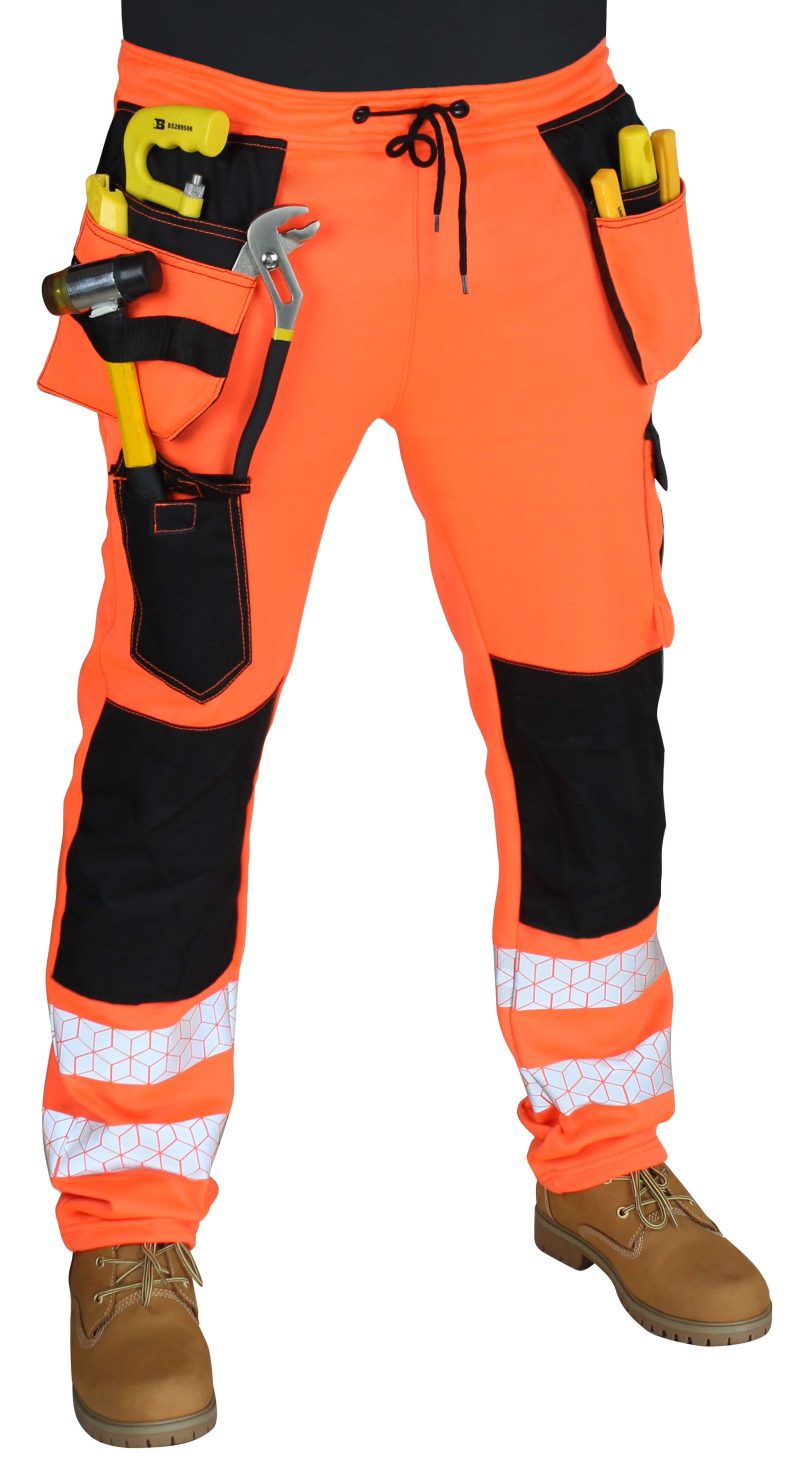 Men's Hi Viz Work Trousers Fleece Holster and Knee Pad Pocket Designer Hi Vis Tape Jogger Pants